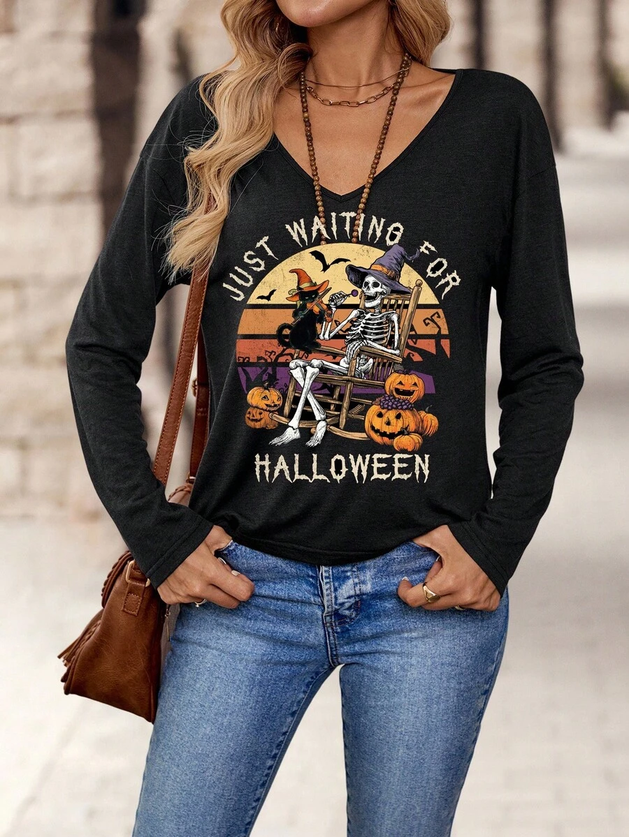 SHEIN LUNE Halloween Skeleton,Ghost,Bat,Candy,Black Cat,Pumpkin Graphic V-Neck Long Sleeve T-Shirt For Women,Casual Streetwear Autumn Tops Occasion Graphic Tees - Black - View 1