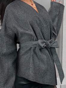 MainGRL Women's Dark Grey Front Tie Long Sleeve Minimalist Overcoat In Fall/Winter - Dark Grey - View 7