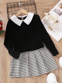 SHEIN Tween Girl Peter Pan Collar Tee & Houndstooth Pleated Skirt - Black - View 4