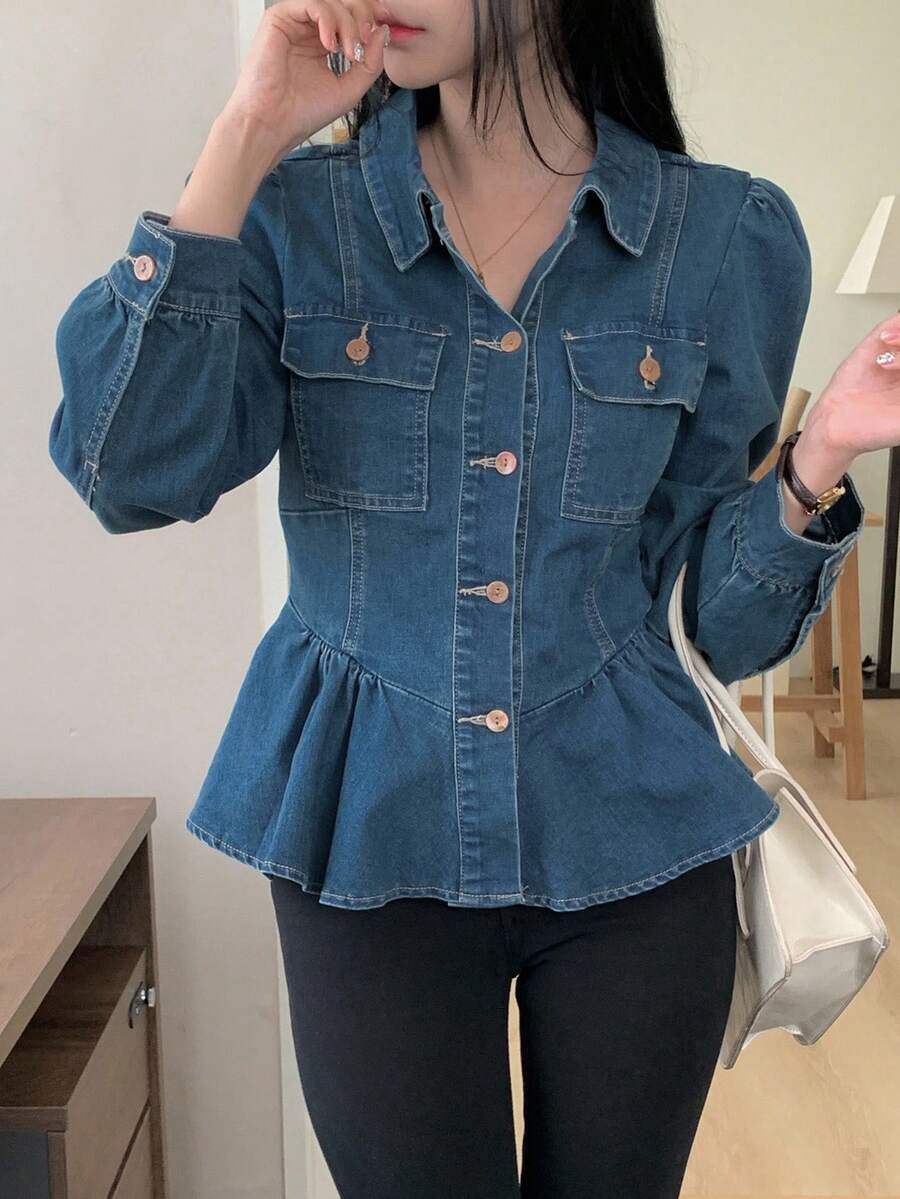 DAZY 女士翻领收腰长袖优雅春日翡翠性感休闲牛仔衬衫 - 中等水洗藍 - 查看 1