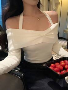 DAZY 女式露肩荷叶边长袖修身套头衫，优雅淑女风秋季 - 白色 - 查看 6