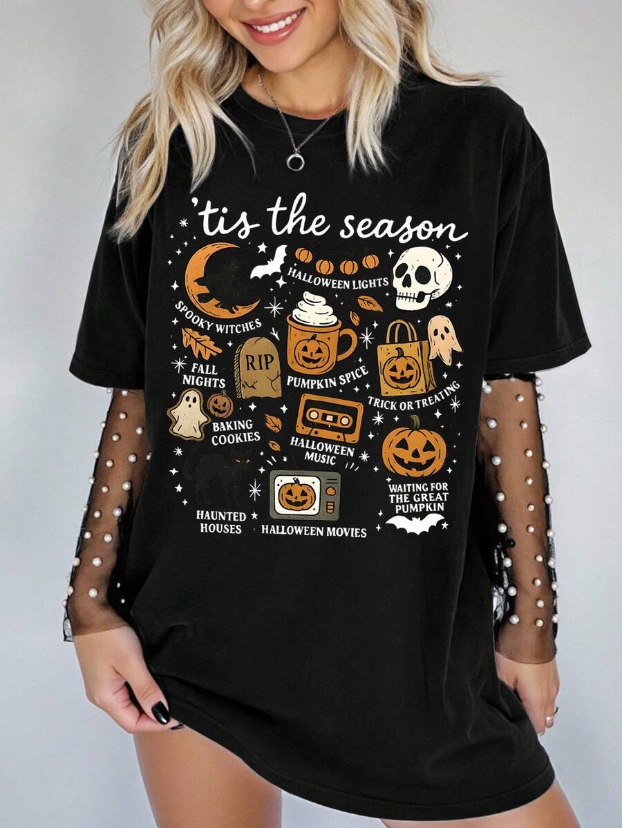 大码女式休闲万圣节街头风格卡通骷髅图案落肩宽松T恤 - 黑色 - 查看 1