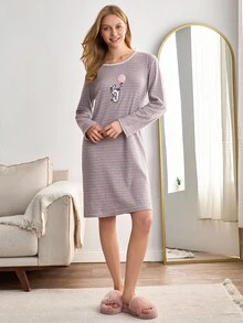 EURMUSE Women Rib Knit Striped Cute Animal Embroidery Detail Long Sleeve Homewear Sleep Dress - Multicolor - View 3