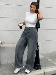 Dazy Plus Washed Faded Ombre Loose Straight Leg Jeans, Versatile For All Seasons - Medium Wash - View 2