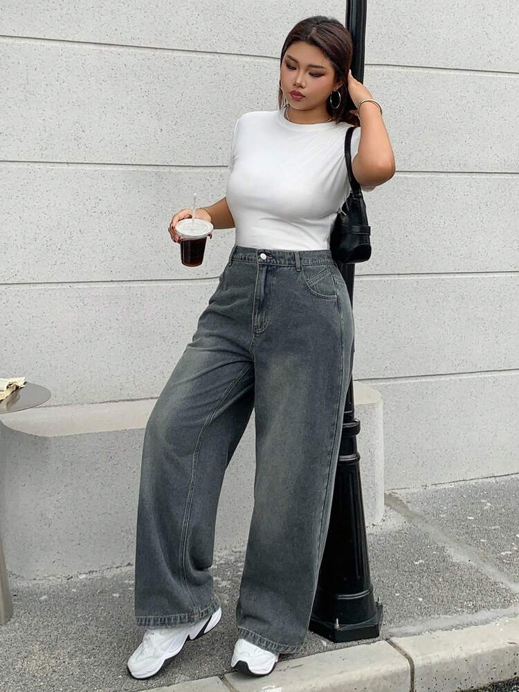 Dazy Plus Washed Faded Ombre Loose Straight Leg Jeans, Versatile For All Seasons