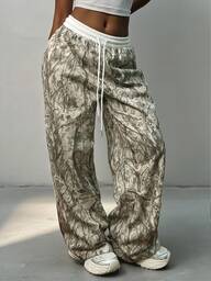 Rovax Women's Casual Camouflage & Tree Branch Print Drawstring Elastic Waist Wide Leg Sweatpants, Suitable For Outdoor, Sports, Streetwear, Back To School Season, Gift For Her, Sibling Gift, Fashion Joggers, Retro Sweatpants For Autumn/Winter Fall Cloth For Women