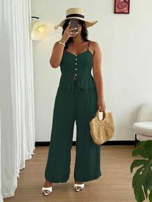 SHEIN SunnyBelle 2pcs/Set Plus Size Women's Casual Minimalist Linen Camisole & Pants Set, Summer