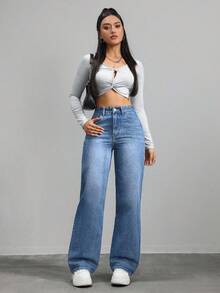 SHEIN ICON Quần denim ống rộng cạp cao có túi tiện dụng đa năng cho nữ - Rửa tối - Xem 4