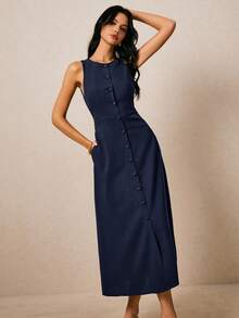 Poéselle Vacation Casual Solid Color Front Button Sleeveless Dress - Navy Blue - View 2