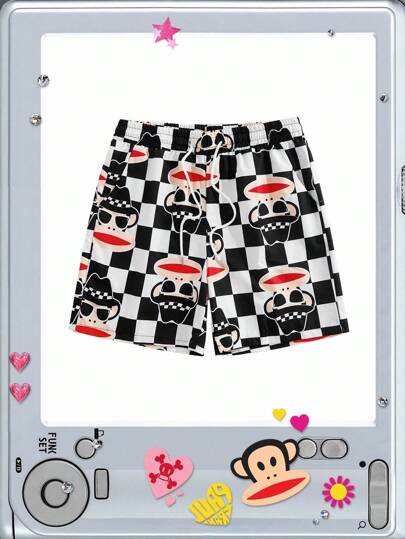Paul Frank X ROMWE Pantaloncini da uomo con vita con coulisse, motivo a cartoni animati e scacchiera