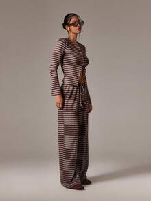 AiiRZ Striped Button Front Crop Top And Wide Leg Palazzo Pants Co-Ord Set With Drawstring Waist - Fall Winter Lounge Set - Multicolor - View 5