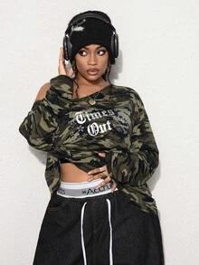 ROMWE J-Fashion 大码休闲二合一单肩骷髅水钻朋克印花女式T恤