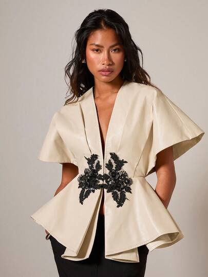 COSMINA Women's Elegant Waist Cinched PU Applique Blouse Kimonos For Woman