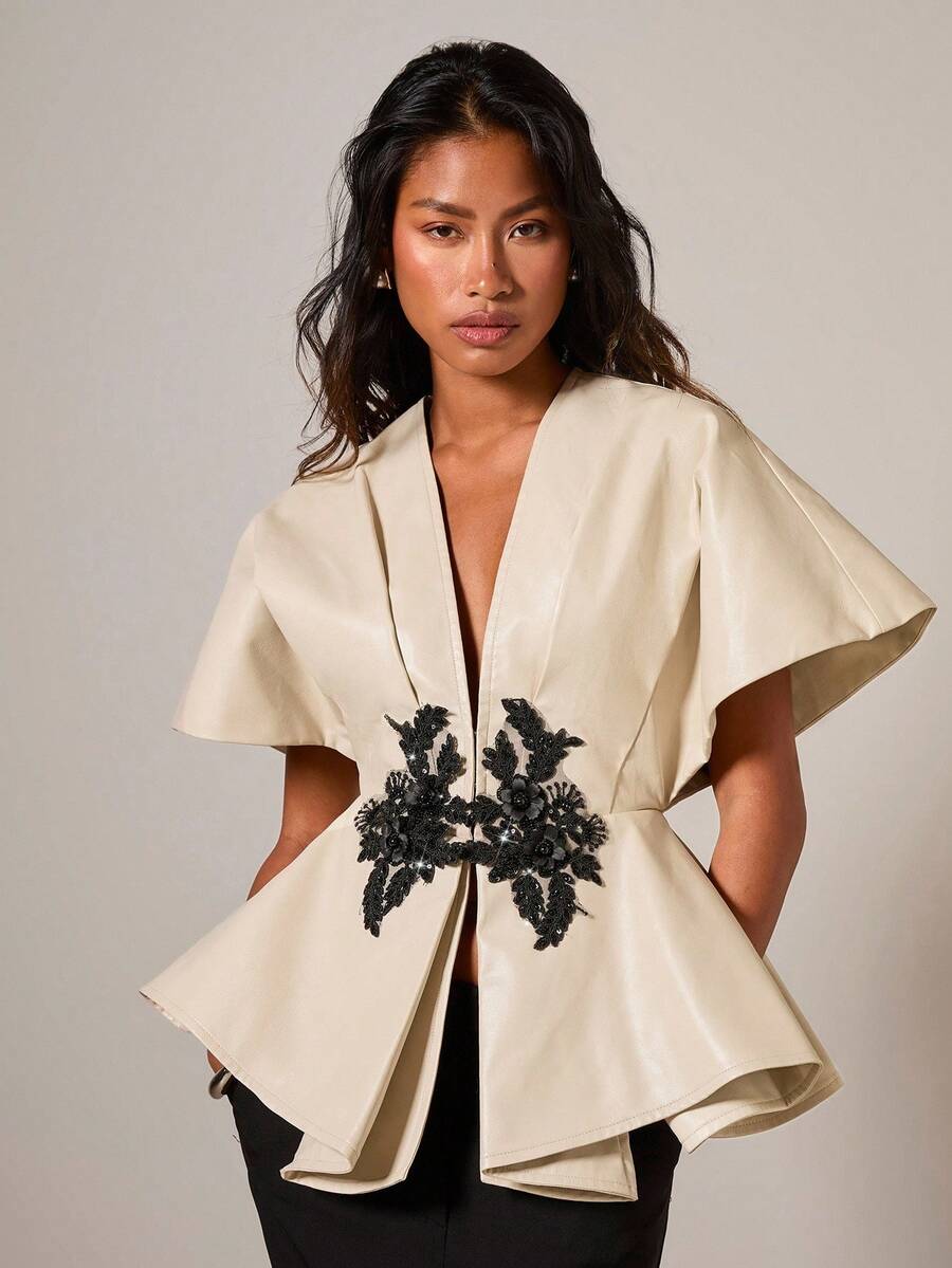 COSMINA Women's Elegant Waist Cinched PU Applique Blouse Kimonos For Woman - Apricot - View 1