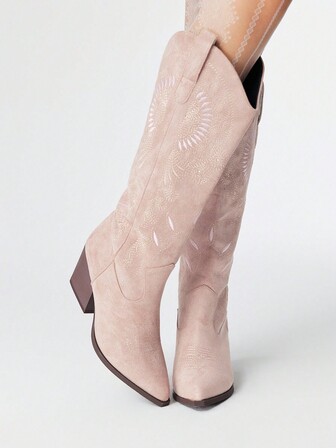 Fairycore Damen elegante spitz zulaufende Chunky Heel Stiefel mit floraler Stickerei im Westernstil, Veloursleder, kniehohe Outdoor Mode für Herbst/Winter