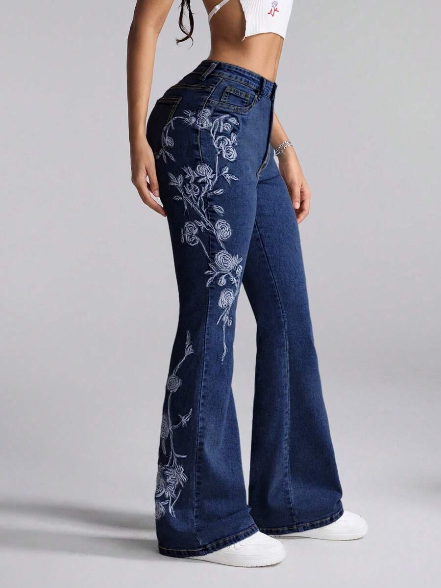 Slaydiva Quần jeans ống loe thêu cạp cao thường ngày cho nữ cỡ lớn - Màu xanh lam - Xem 1