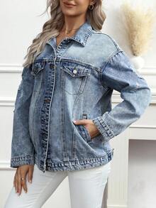 SHEIN 孕妇休闲水洗前扣牛仔夹克，秋季