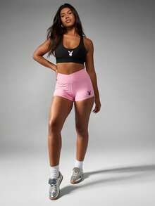 Missguided x Playboy High Waisted Athletic Compression Workout Shorts Performance Exercise Active Wear Running Gym Biker Shorts Cross Over Waistband - Pink - View 4