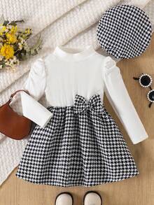 SHEIN 2pcs/Set Baby Girl Black And White Checkered Puff Sleeve Dress With Bowknot,Matching Beret Hat,Elegant Princess Dress,Autumn Matching Family Outfit - Black and White - View 2