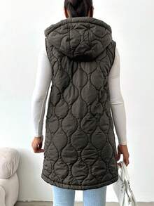 EURMUSE Zip Up Snap Button Hooded Vest Quilted Coat - Black - View 2