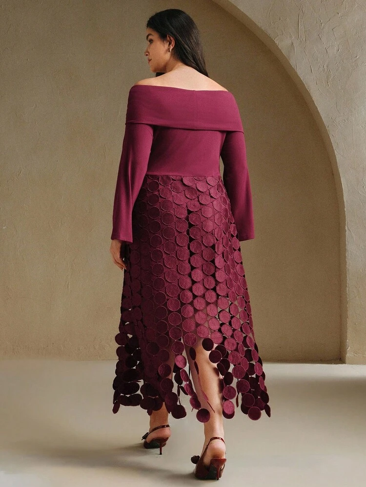 Plus Size Off-Shoulder Twist Knot Long Sleeve Tassel Dress, Vacation, Valentine's Day, Elegant, Chic, Party, Christmas, New Year, Burgundy