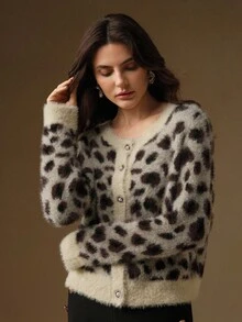 Anewsta Áo len cardigan họa tiết da báo cổ điển thanh lịch dành cho nữ - Nhiều màu - Xem 6