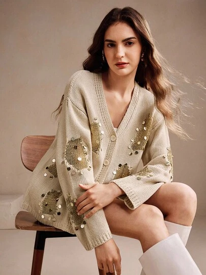 Anewsta 杏色休闲针织开衫，手工金属线串珠刺绣，女式针织毛衣，秋冬