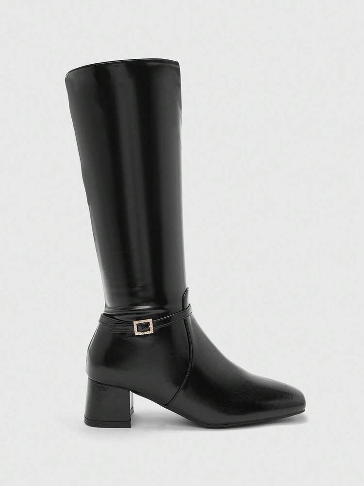 CUCCOO BIZCHIC Women's Pointed Toe Buckle Design Mid-Calf High Heel Boots
