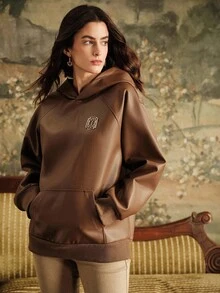 Anewsta Sudadera holgada de manga larga con capucha, de piel de imitación con decoración metálica, de color marrón, de estilo casual, para mujer, para otoño/invierno