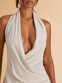 SHEIN BAE Women's Solid Color Deep V Neck Ruched Tie Front Sexy Halter Dress - Apricot - View 9