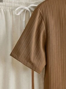 HIMLAND 2pcs/Set Men's Casual Stand Collar Short Sleeve Shirt & Pants Set, Cozy Outfits