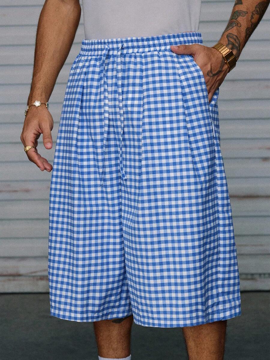 AXEPEAK Men's Woven Casual Loose Plaid Elastic Waist Straight Leg Shorts - Blue and White - View 1