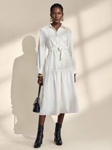 Almamuse Women's Fashion Asymmetric Hem Shirt Collar Long Sleeve White Dress Fall Cloth For Women - White - View 2