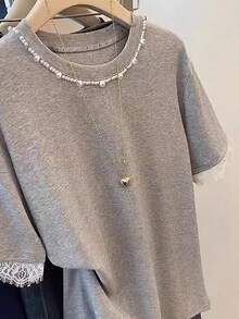 Women Short Sleeve Solid Color Round Neck T-Shirt, Fashionable For Summer - Grey - View 4