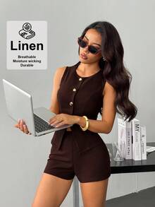 SHEIN PETITE 女士腰部套装优雅休闲两件套短套装女亚麻两件套棕色两件套女女士夏季两件套棕色 - 棕色 - 查看 3