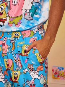 SpongeBob SquarePants | SHEIN Men's Tie Dye& Cartoon Pattern Short Sleeve Top & Pants Loungewear Set - Baby Blue - View 5