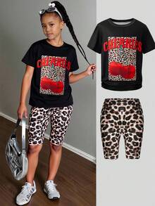 2pcs/Set Tween GirlsCasual Outfit, Round Neck T-Shirt & Comfortable Shorts, Cute Cherry & Leopard Print Pattern