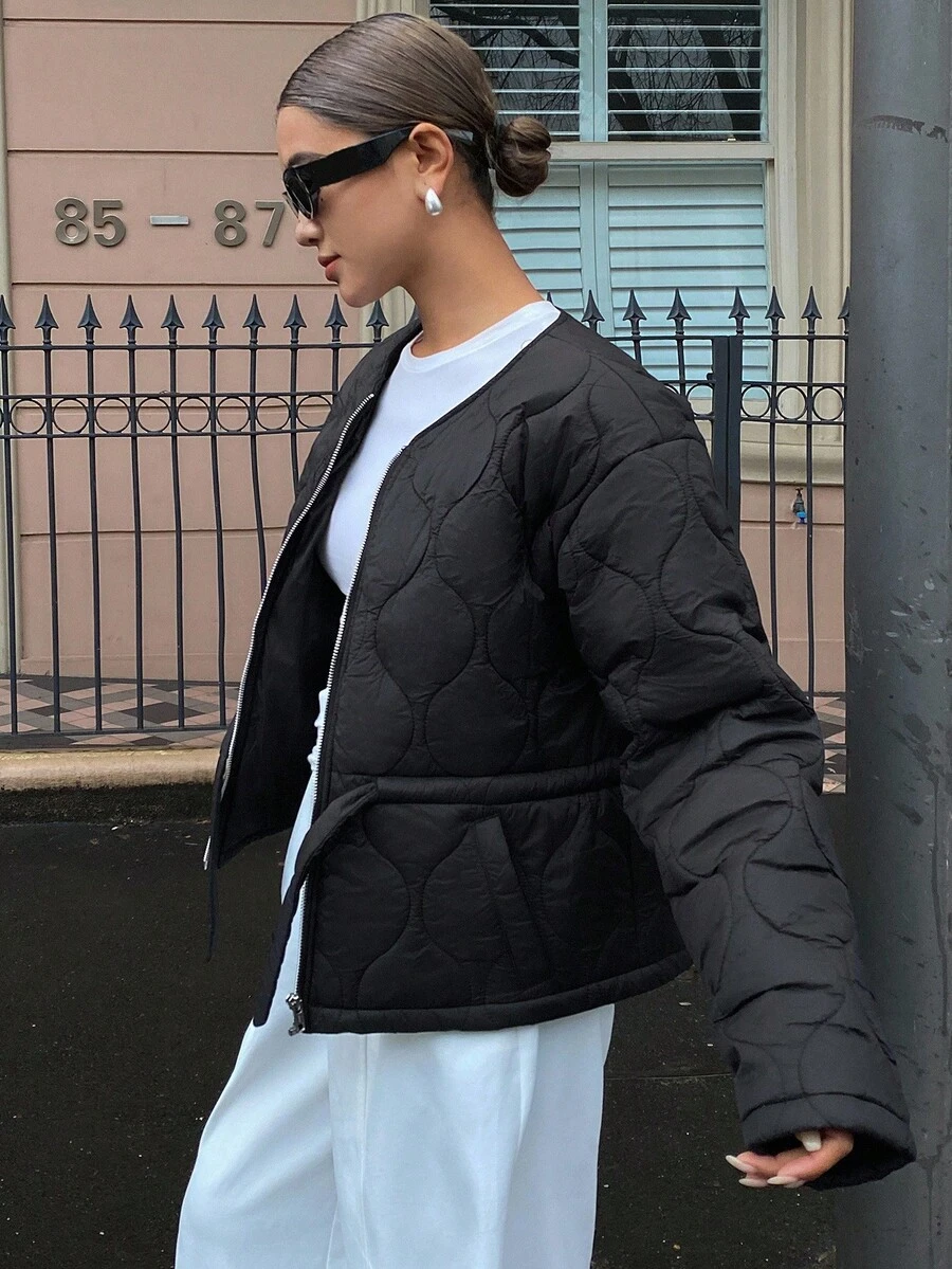 Livesso 无领短款女式夹棉外套，适合冬季和万圣节 - 黑色 - 查看 1