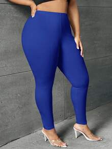 SHEIN SXY Plus Size Women Casual Navy Blue Elastic Waist Leggings - Royal Blue - View 1