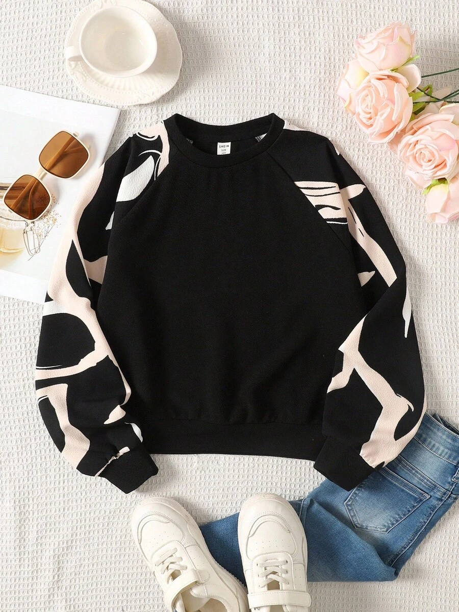 SHEIN 女孩运动街头时尚针织圆领长袖运动衫 - 黑色 - 查看 1