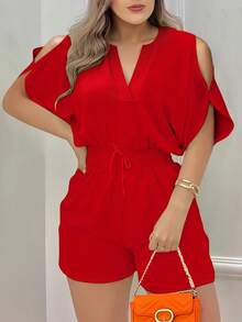 INAWLY 女士优雅度假系带蝴蝶结喇叭袖休闲连体裤 - 紅色 - 查看 3