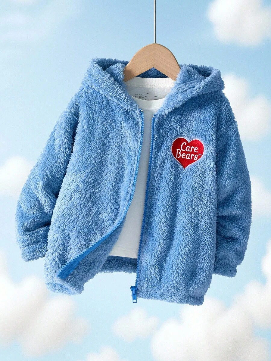 SHEIN X Care Bears 小女孩可爱卡通熊和心形刺绣长袖连帽拉链羊毛夹克