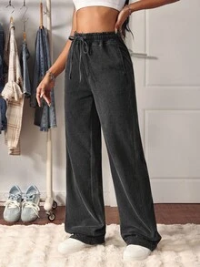 SHEIN Tall Tall Elastic Waist Washed Straight Leg Jeans - Dark Grey - View 4