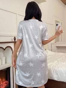 SHEIN American Casual Star Print V-Neck Short Sleeve Women Nightgown - Grey - View 2