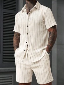 Manfinity CasualCool Men's Summer Casual Striped Shirt And Shorts Set