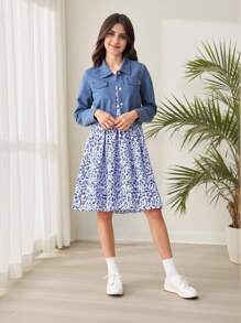 SHEIN 2 件套青少年女童碎花休闲夏装和单排扣长袖夹克套装，适合度假、夏季、旅行