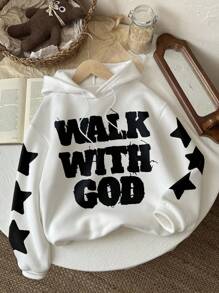 Slaydiva Áo nỉ dày dáng rộng tay dài in họa tiết tối giản, thoải mái dành cho nữ, phù hợp cho mùa thu/đông, in hình "Đi cùng Chúa" - trắng - Xem 3