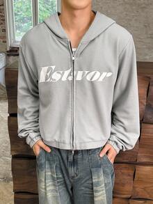 Manfinity BRENVOR Men's Letter Print Zip-Up Hoodie, Fall, Winter - Grey - View 2