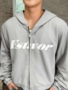 Manfinity BRENVOR Men's Letter Print Zip-Up Hoodie, Fall, Winter - Grey - View 4