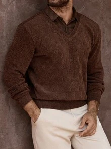 Manfinity Homme Men's V-Neck Long Sleeve Casual Loose Pullover Sweater, Autumn, Old Money - Brown - View 1